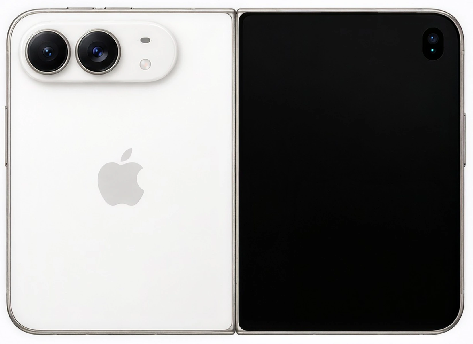 The back of a white iPhone Duo, opened flat